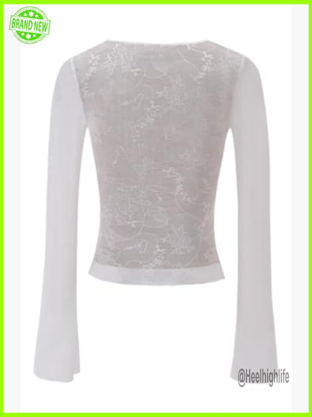 Long Sleeve Crop Top Butterfly Lace V-Neck Sheer Ethereal Blouse - Picture 7 of 7